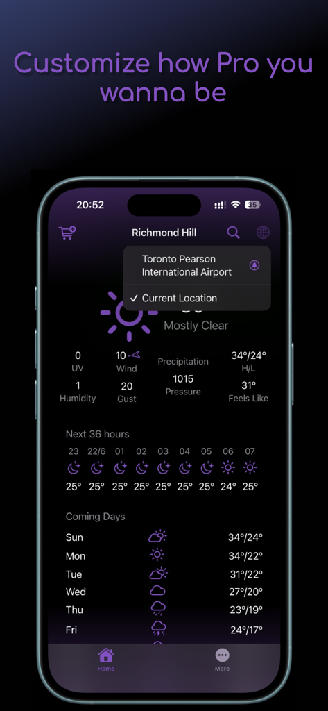 imWeather - Forecast Alert - Le tableau de bord de l'application imWeather affichant les conditions météorologiques actuelles et des prévisions sur plusieurs jours sur une interface de smartphone à thème sombre