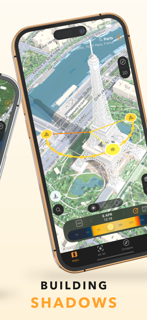 Sun Quest - Tracker & Seeker - Sun Quest app screen showing 3D building shadow simulation and sun path tracking