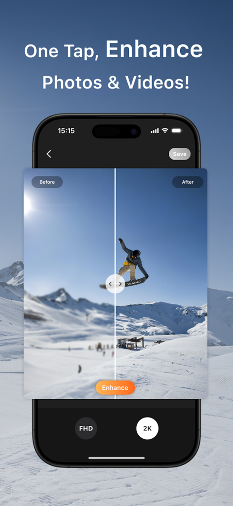 A before and after comparison of a snowboarder photo being enhanced by the Unwatermark AI tool