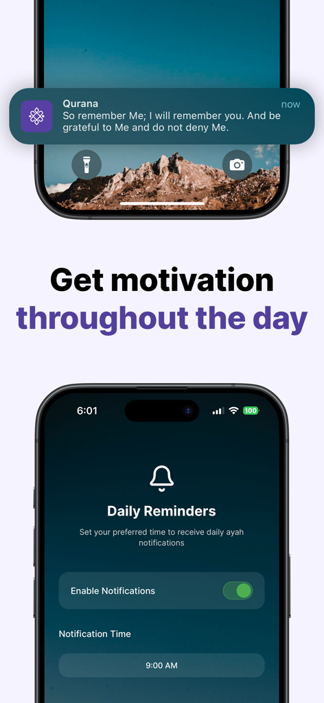 Qurana: Verse of the Day - Un smartphone que muestra una notificación de versículo diario del Corán y la pantalla de configuración de recordatorios diarios en la aplicación Qurana.