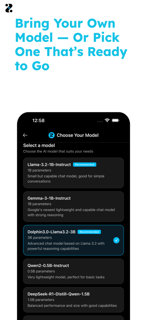 Zuno - Local & Private AI Chat - Una pantalla en la aplicación Zuno mostrando una lista de modelos de IA locales, incluyendo Llama y Gemma para chat privado.