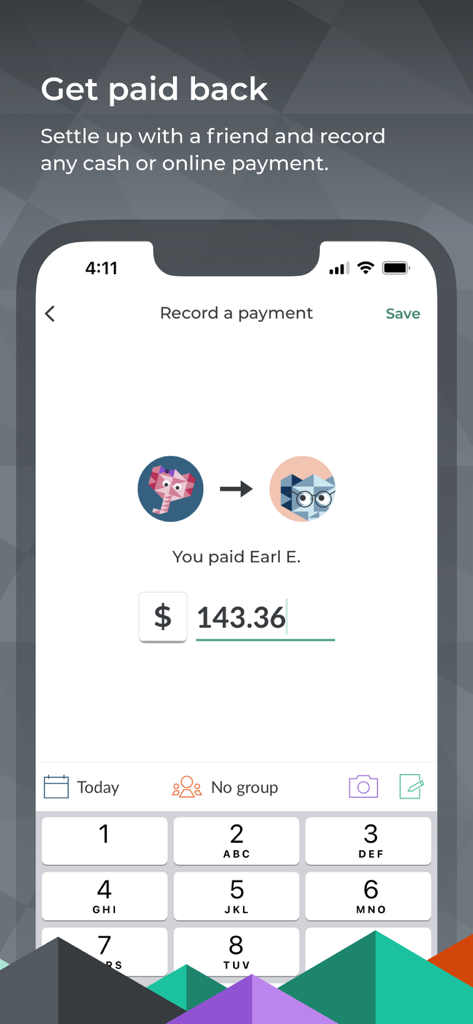 Splitwise mobile interface showing a user recording a payment of 143.36 dollars to settle a debt with a friend