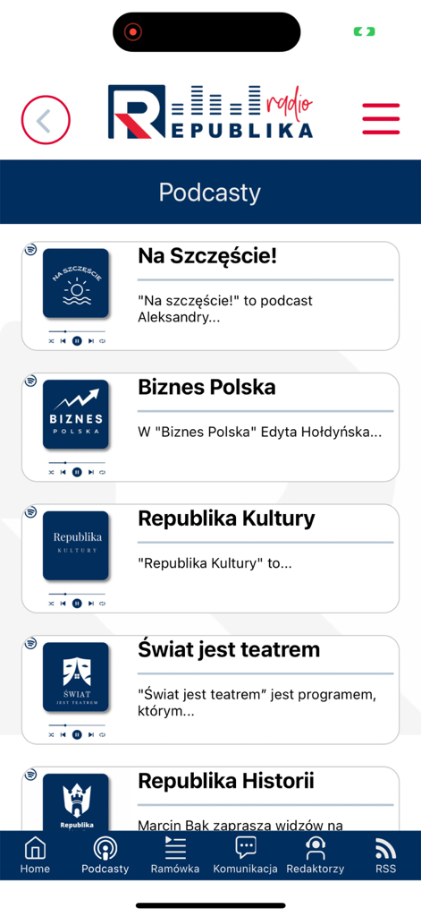 Radio Republika - Radio Republika app podcast screen showing a list of Polish news and culture programs.