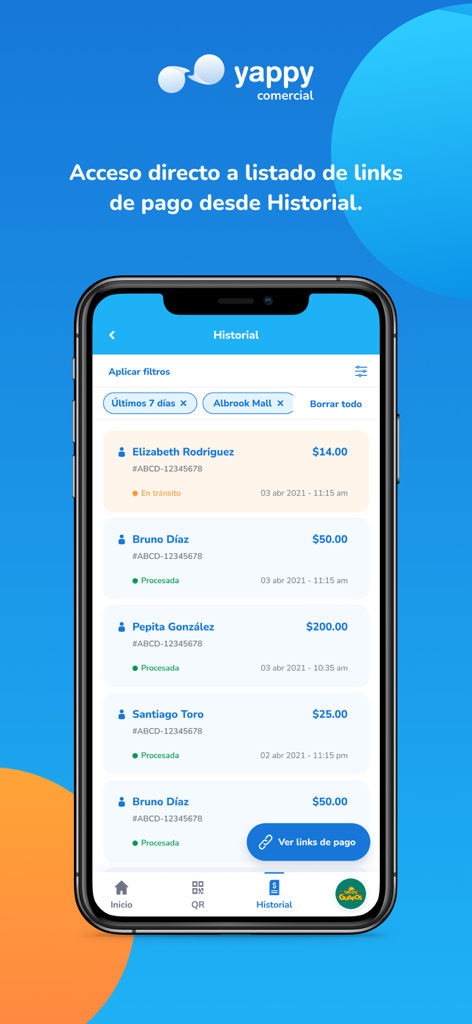 Yappy Comercial - Yappy Comercial app transaction history screen showing recent payments and payment links