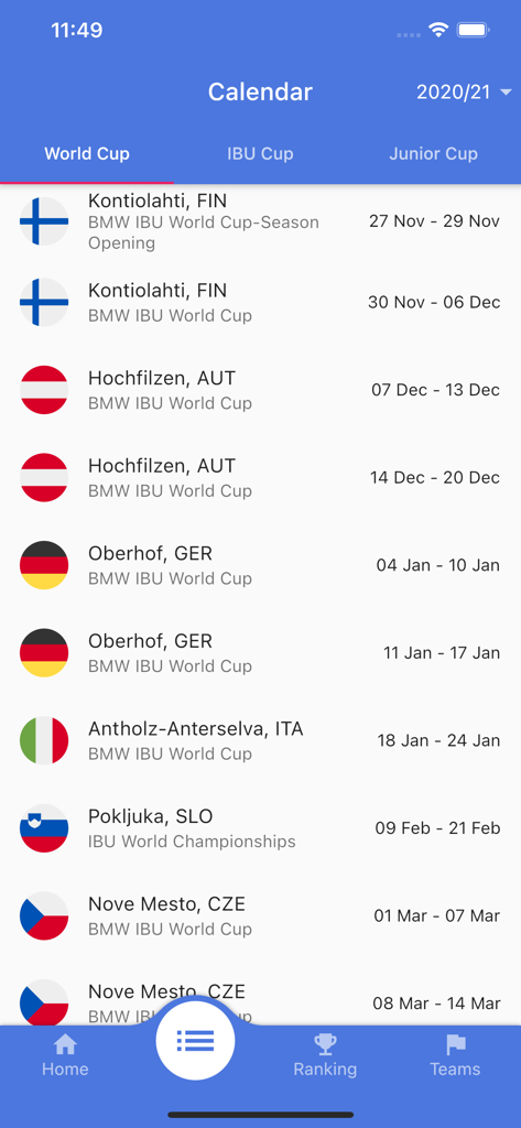 Biathlon.LIVE - Calendario degli eventi della Coppa del Mondo di Biathlon che mostra le date e le località delle gare nel calendario dell'app.