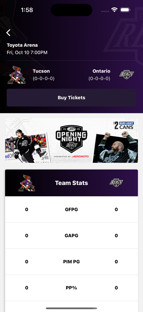 Ontario Reign - Ontario Reign app screen displaying game details for a match at Toyota Arena with a buy tickets button and team statistics.
