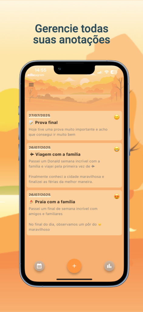 Diário Pessoal - Uma lista de entradas de diário pessoal com datas e emojis de humor em uma interface limpa com tons de laranja.