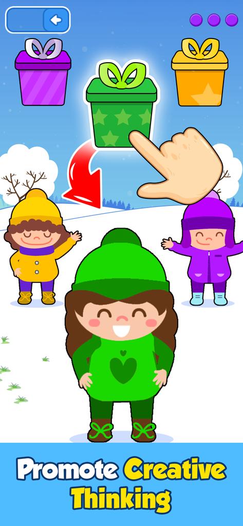 Bebi: Baby Games for Preschool - A toddler matching game screen from Bebi app showing a child dragging a green gift box to a character to promote creative thinking