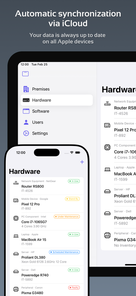 IT Asset Tracker - IT Asset Tracker app interface on iPhone and iPad showing hardware inventory synchronized via iCloud.