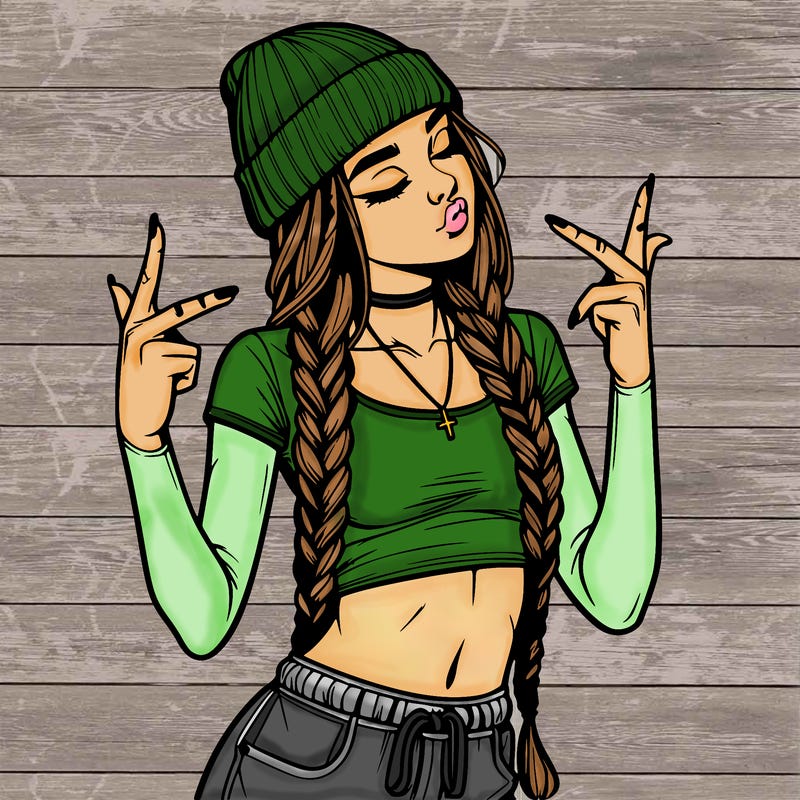 realistic teenage girl with braids and a beanie and crop top doing 🫶🏼