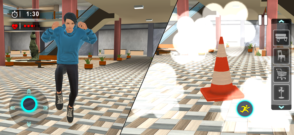 A split screen showing a character running in a mall and a player transforming into a traffic cone prop