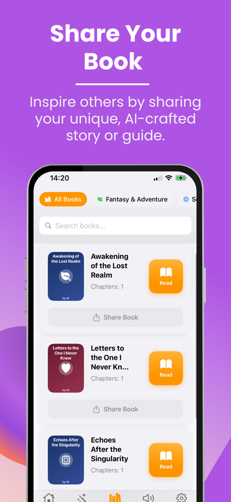 BookAI – Your Book Creator - Interface of BookAI app displaying a list of user created books with options to read and share