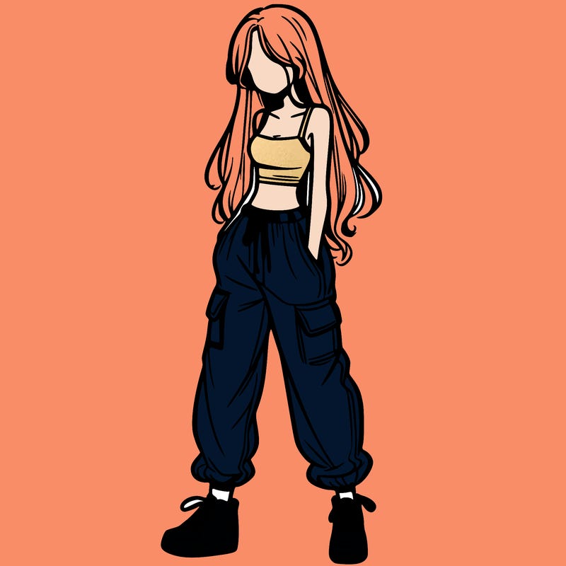 girl in baggy pants crop top and long hair