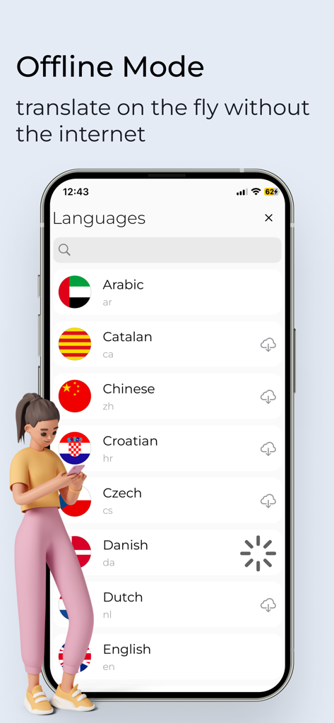 Smartphone showing the language selection screen in the Translator Offline app with download options