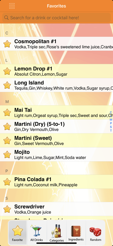 Favorites screen of the 8500 Drink Recipes app showing a list of cocktails and their ingredients