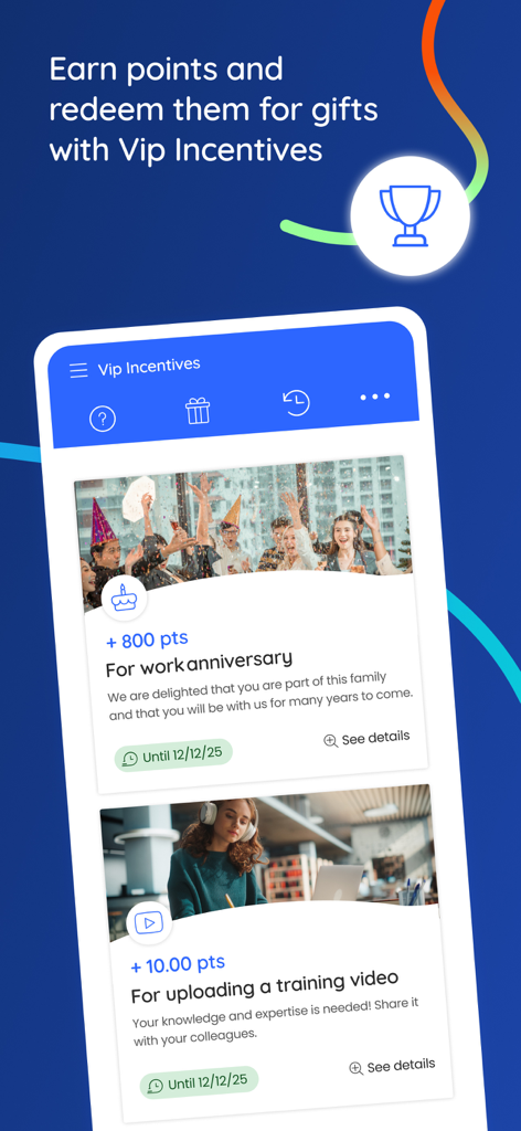 Vip District - Vip District app interface showing points earned for work anniversaries and professional contributions.