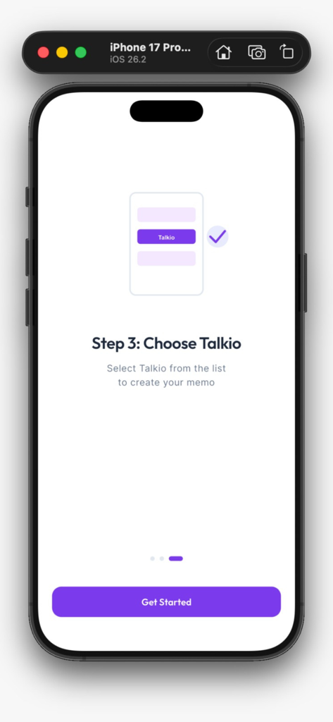 Talkio App - Onboarding screen for Talkio app showing step 3 to select Talkio from a list to create a memo