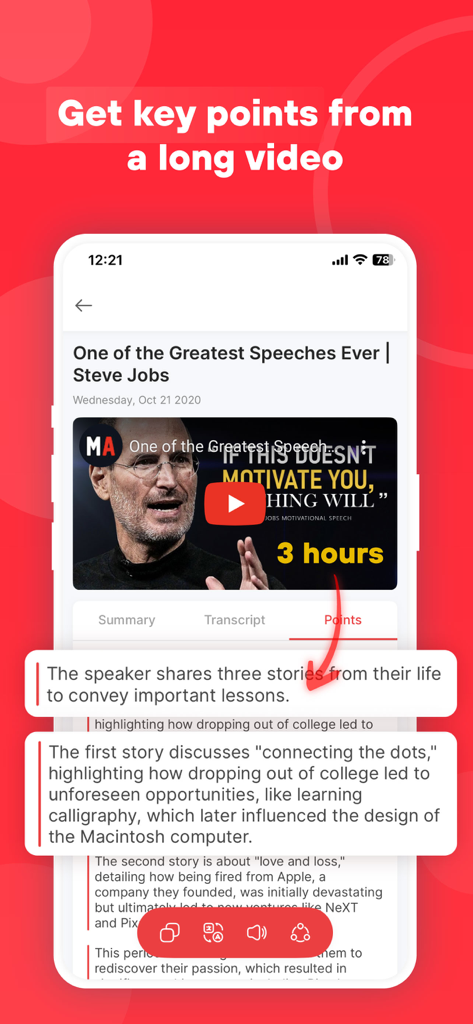 AI Video Summarizer Tool - Interfaz de la aplicación de resumen de video con IA que muestra puntos clave en viñetas de un video largo