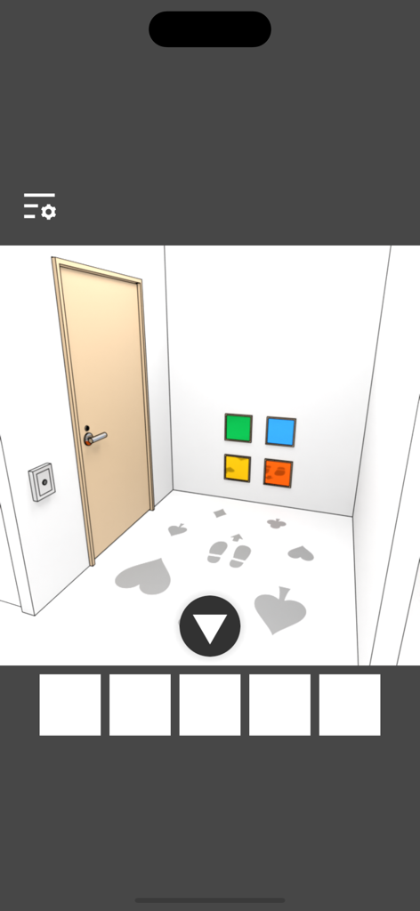 Mirror Room Escape - A minimalist room in the Mirror Room Escape mobile game featuring colored squares on a wall and suit symbols on the floor