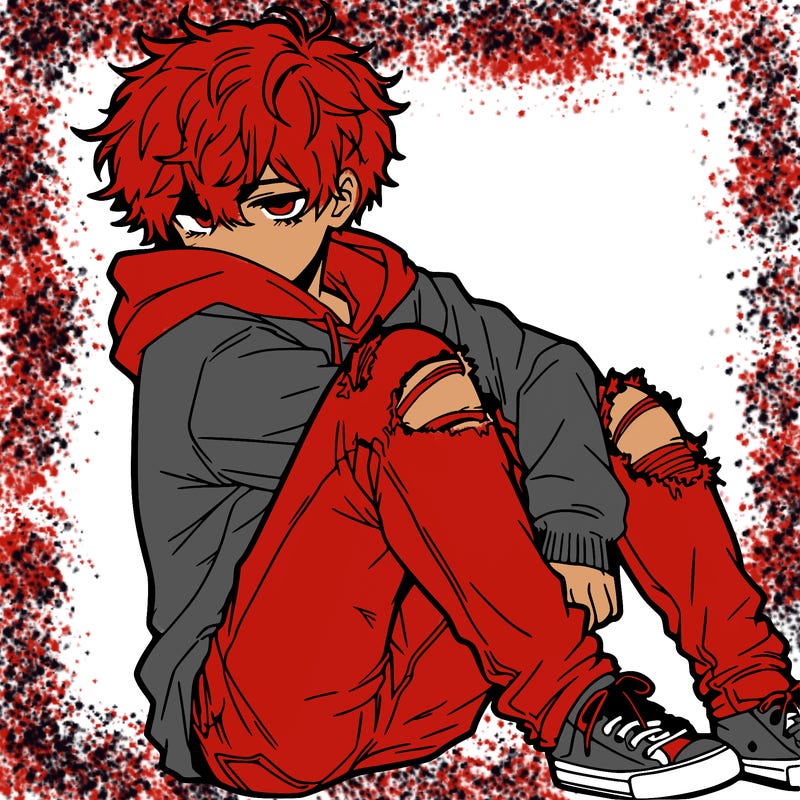 a male hoddie ripped jeans messy hair anime