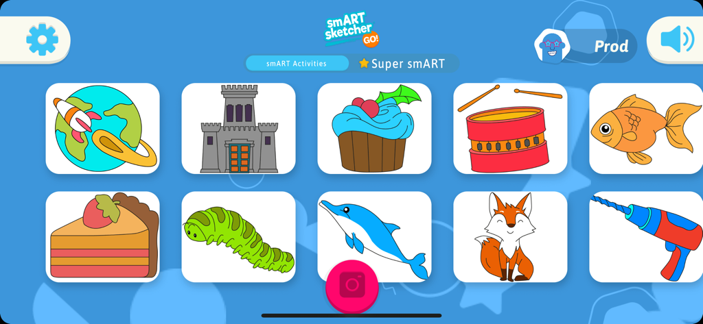 Hauptmenü der smART sketcher GO App mit verschiedenen Zeichenvorlagen für Kinder
