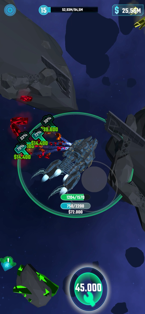 Galaxy Idle - Gameplay screenshot of Galaxy Idle showing a blue spaceship mining red crystals in an asteroid field with in-game currency and level progress.