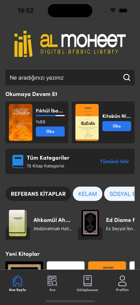 Al Moheet - Al Moheet Digital Arabic Library mobile app home screen showing continue reading section and book categories.
