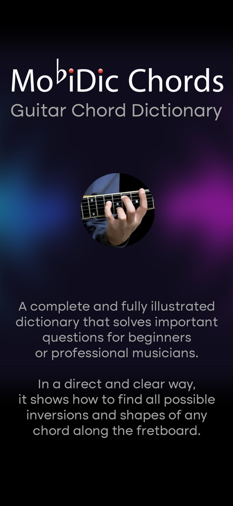 Mobidic Guitar Chords - Splash screen for Mobidic Guitar Chords app showing an illustrated guitar chord hand position