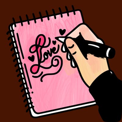 a hand writing “love” in calligraphy on a notebook