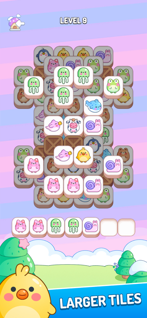 Kawaii Cute Puzzle Games - Gameplay screenshot of a kawaii tile matching puzzle game with cute animal characters and level progress