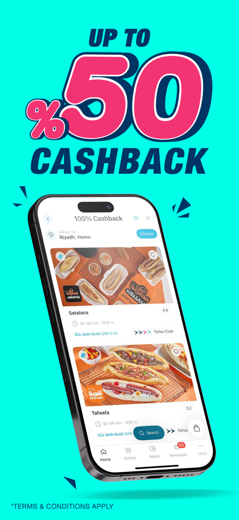 ToYou app promotional screen showing a fifty percent cashback offer and food delivery listings on a smartphone.