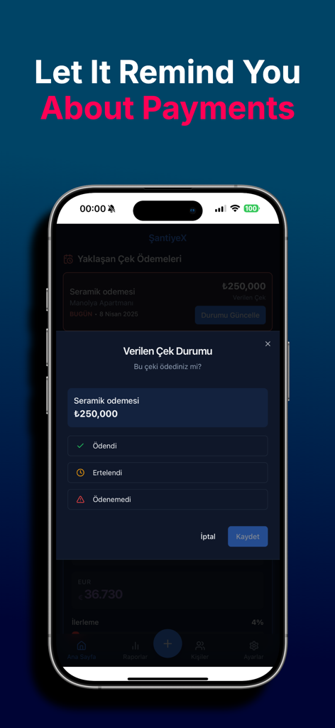 Buildfy - Buildfy App-Oberfläche mit einer Zahlungserinnerung und Statusaktualisierung für Bauprojekt-Ausgaben