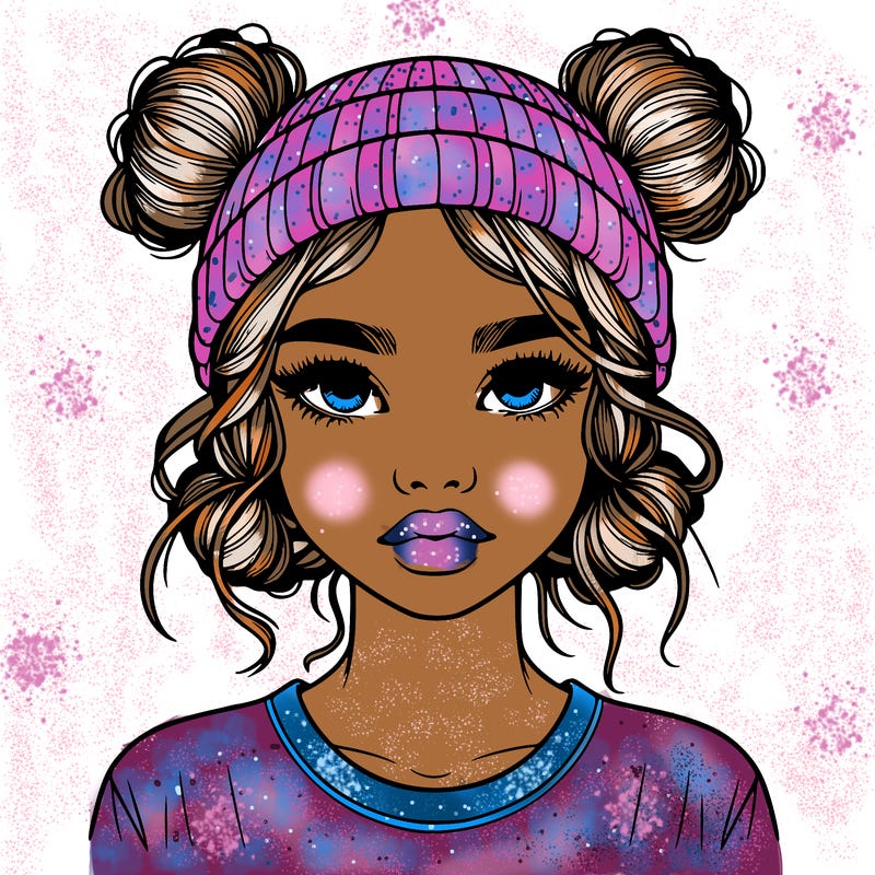 realistic girl with buns in her hair with a beanie on