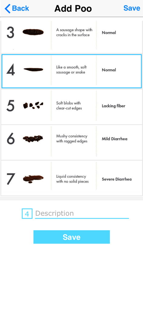 iUFlow- voiding bladder diary - The iUFlow app Add Poo screen featuring the Bristol Stool Chart categories for medical tracking.