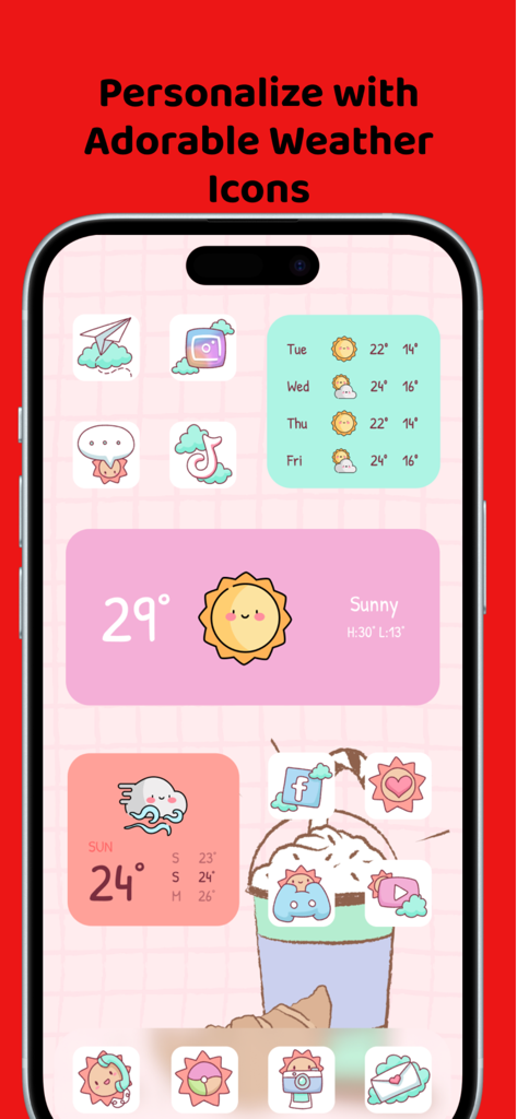 iPhone home screen with cute weather widgets and aesthetic pastel app icons