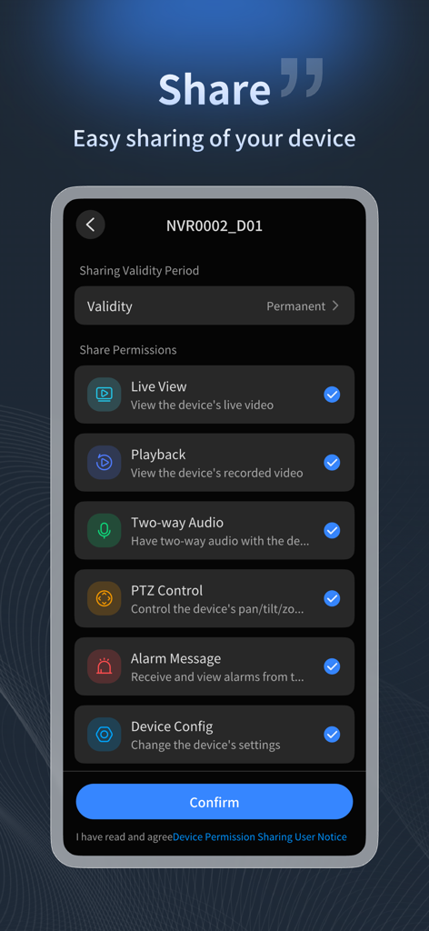 UniEase (Formerly UNV-Link) - Oberfläche der UniEase App mit Gerätefreigabeberechtigungen und Optionen für Live-Ansicht, Wiedergabe und PTZ-Steuerung.