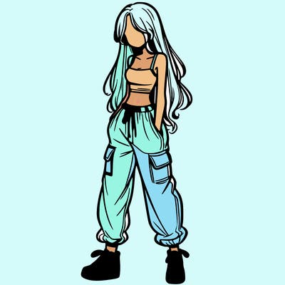 girl in baggy pants crop top and long hair