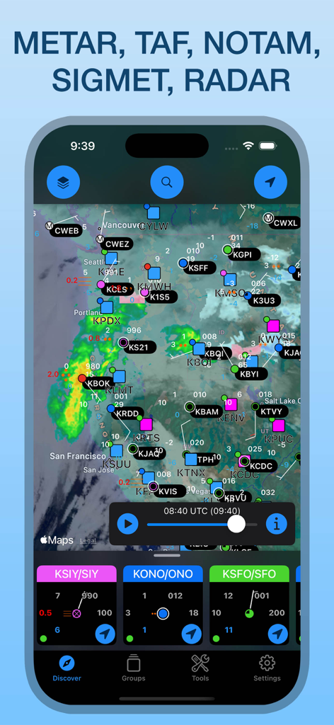 Aviation weather map showing METAR and radar data for pilots on an iPhone screen.