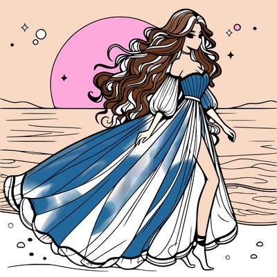 beautiful woman with a vaporous long dress walking on the beach at the noon, detailed art