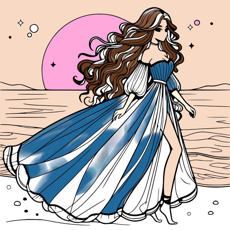 beautiful woman with a vaporous long dress walking on the beach at the noon, detailed art