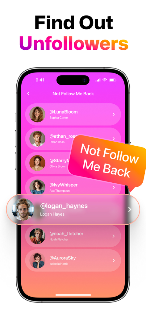 MyFollowers − Unfollow Tracker - Capture d'écran de l'application MyFollowers montrant une liste d'utilisateurs qui ne suivent pas en retour sur fond rose.