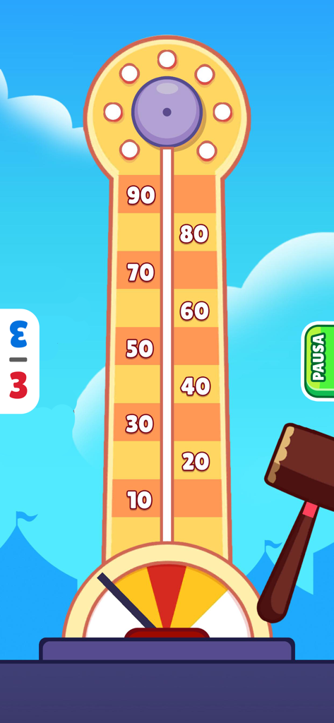 Mini-juego de martillo de fuerza tipo "high striker" con un martillo y una torre numérica.