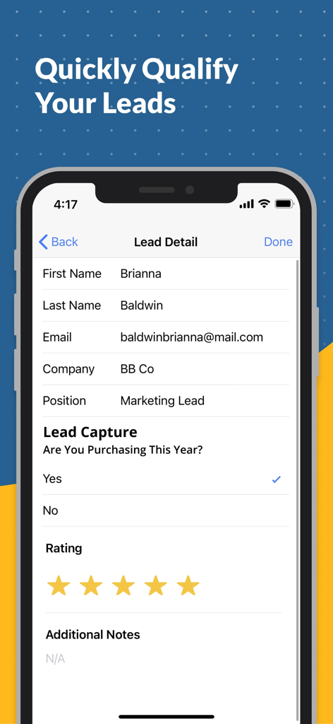 Lead Capture by EventMobi - Pantalla de detalle del lead que muestra la información de contacto y las opciones de calificación de leads en la aplicación EventMobi