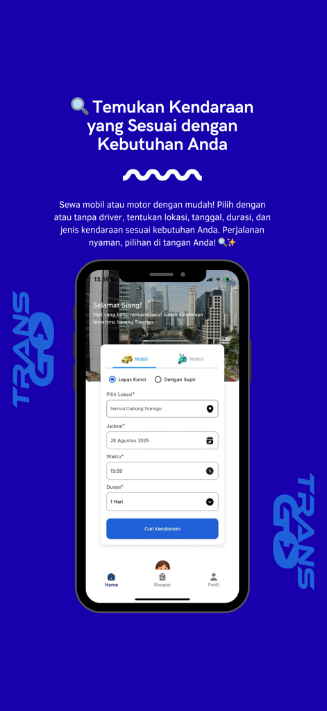 Transgo - Rental Mobil & Motor - Transgo mobile app screen for booking car and motorbike rentals in Indonesia