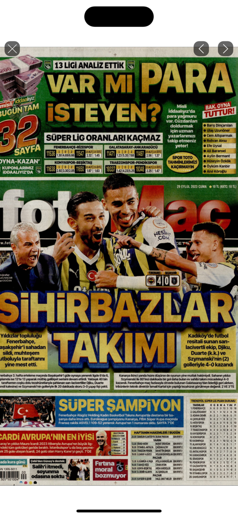 Manşet - Gazete Manşetleri - Front page of a Turkish sports newspaper displayed in the Manset app