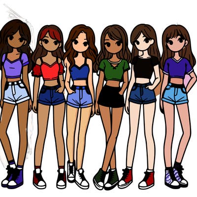 a group of girls wearing crop tops and shorts
