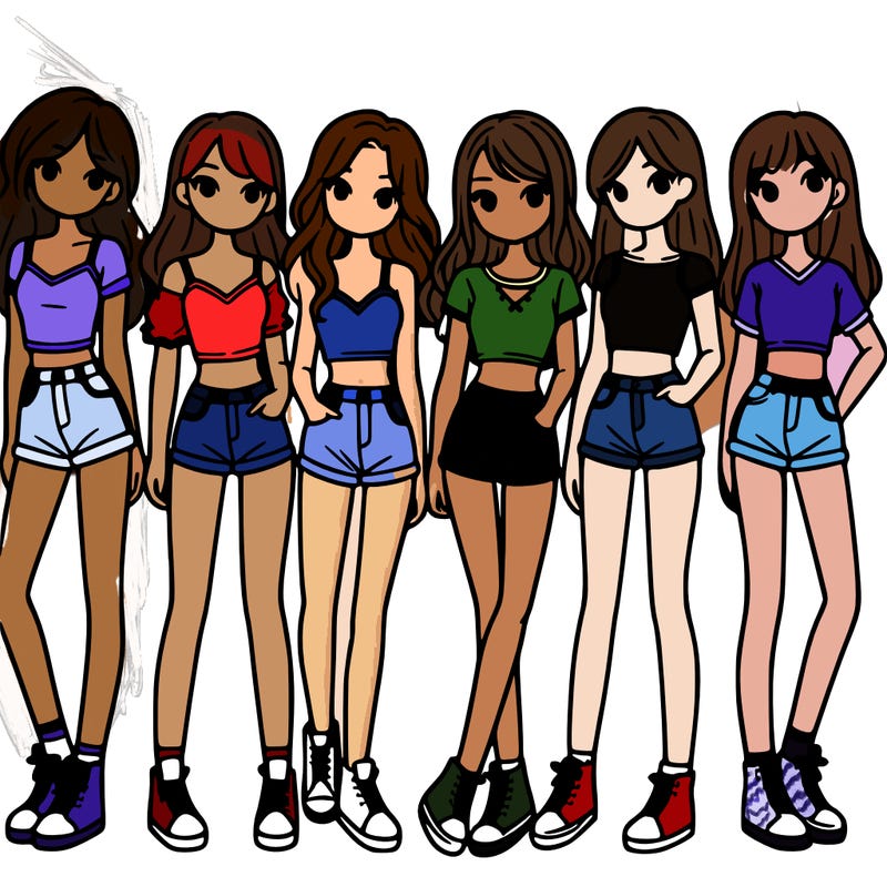 a group of girls wearing crop tops and shorts
