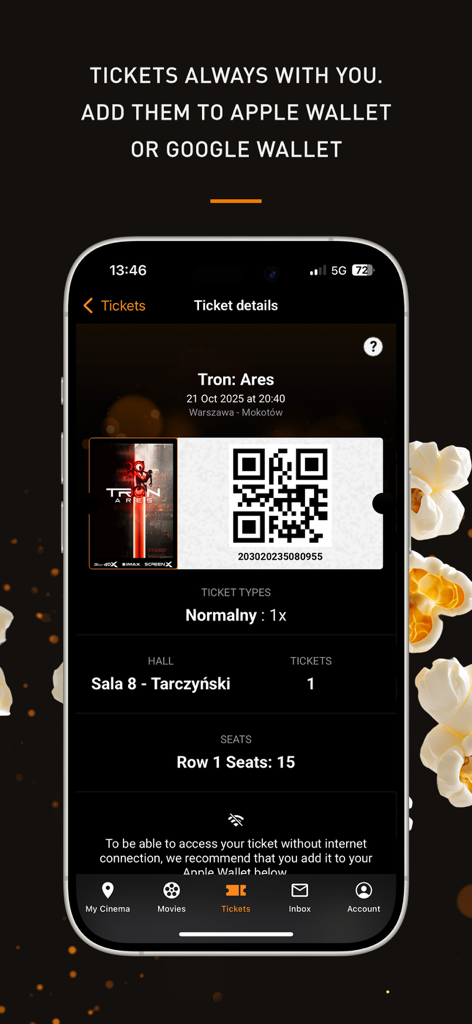 Cinema City: Movies & Tickets - Schermata del biglietto cinematografico digitale nell'app Cinema City che mostra un codice QR e le informazioni sul posto