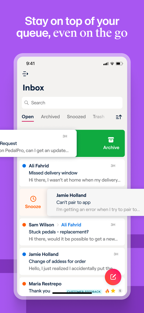 FrontApp - FrontApp mobile interface displaying a collaborative customer service inbox with swipe actions to archive or snooze messages.