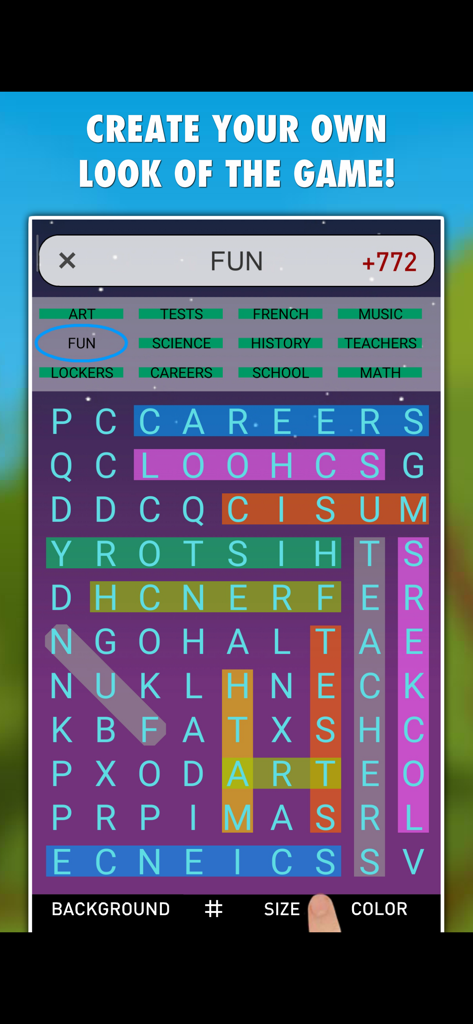 Word Search Daily PRO - A customizable word search puzzle screen showing options for background color and letter size.